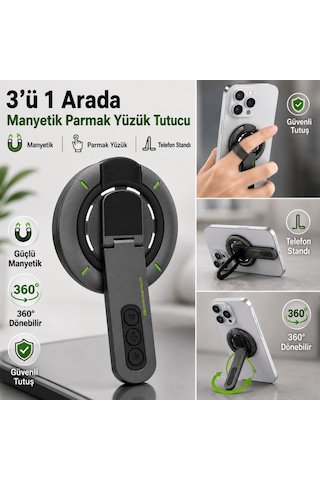 Polham 3in1 Manyetik Telefon Tutucu 360 Döner Parmak Yüzük Ve Ayarlanabilir Telefon Standı, Ful Metal Stand Siyah