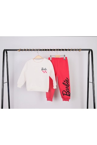 Kız Çocuk Barbie Baskılı Fuşya 3 İplik Şardonlu Kışlık Sweat Ve Eşofman Alt Üst Takım Fuşya