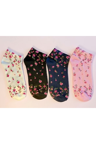 Heren Socks Heren Lastik Çiçek Detaylı 4'lü Kadın Patik Beyaz - Pembe - Siyah - Lacivert