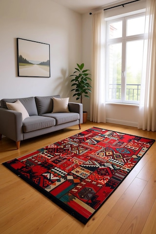 Blghome Patchwork Desenli Modern Halı Dekoratif Kilim Kırmızı - Siyah