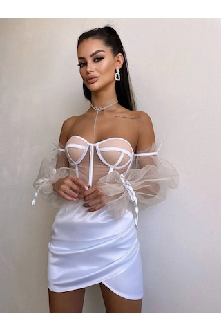 Havens Rosalıne Tül & Saten Detaylı Elbise BEYAZ