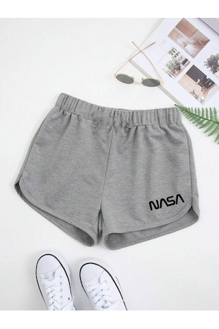 Nasa Bermuda Penye Şort - Gri Baskılı Kordonlu Baskılı Gri