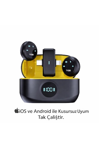 Kablosuz Yaka Mikrofonu Android Ve Apple Uyumlu iOS Alıcılı, Gürültü Azaltmalı Mikrofon Seti Tak Çalıştır 2'li