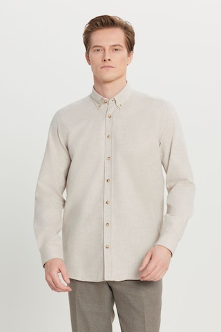 Altınyıldız Classıcs Erkek Bej Pamuklu Slim Fit Dar Kesim Düğmeli Yaka Diagonal Desenli Flanel Gömlek