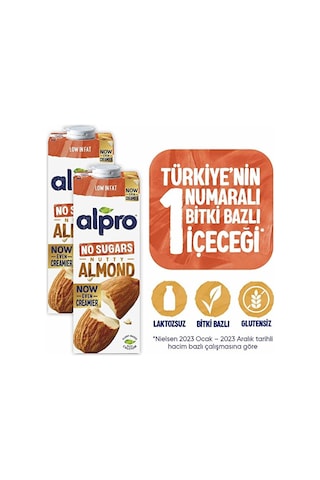Alpro Şekersiz Badem Sütü 2x1 L Vegan Laktozsuz Bitkisel Bazlı