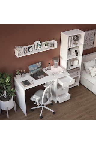 Trio Kitaplıklı Çalışma Masası Beyaz