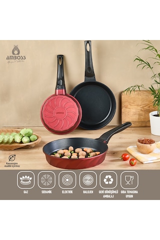 Amboss Vento Döküm Titanyum Kaplama 3 Parça Tava Seti - Kırmızı Kırmızı