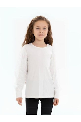 Kız Çocuk Kolları Tül Puantiye Detaylı Bluz-14354 Ekru