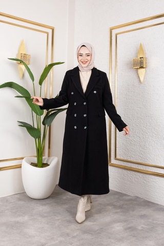 Hb Harma Time Butik Kadın Astarlı Düğmeli Cepli Uzun Siyah Kaşe Kaban