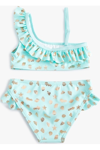 Koton Bikini Takımı Parlak Baskılı Fırfırlı Tek Omuz İnce Askılı Mavi 4skg00003mm Mavi