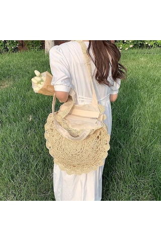 Koyu Kahverengi Kadınlar İçin Hasır Örgü Plaj Çantası El Yapımı Bohem Tarzı Omuz Çantaları Koyu Kahverengi