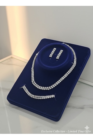 Taşlı Suyolu Model Silver Renk 3lü Takı Seti