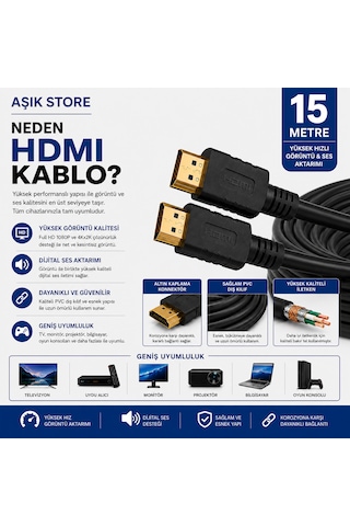 Hdmı Kablo 15 Metre Full Hd 1080p 4kx2k Yüksek Hızlı Görüntü Ve Ses Aktarım Kablosu Altın Kaplama Konnektör Pvc Dış Kılıf