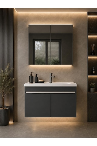 Modern Linea 80 Cm Antrasit Renkli Mdf Seramik Lavabolu Alt Ve Üst Dolaplı Üst Aynalı Banyo Dolabı