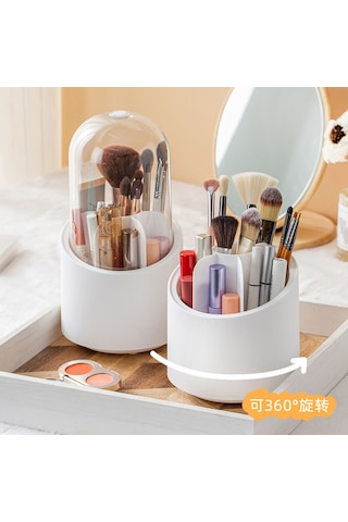 Youmex Kabartmalı 360 Döner Makyaj Fırça Saklama Kutusu - Toz Koruyucu Kapaklı, Dolap Üstü Kalem/ Göz Farı Fırçası Organizer, Modern Beyaz Beyaz