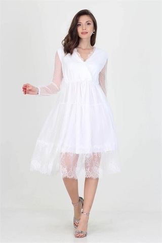 Dip Moda Kadın Kruvaze Yaka Eteği Güpürlü Elbise Dpnb0010 Beyaz