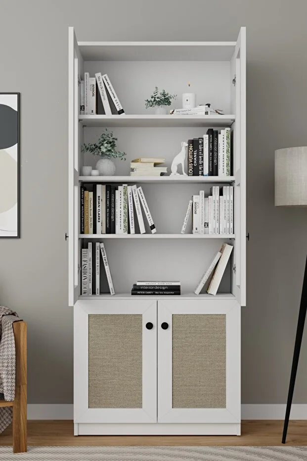 Lisa Kumaş Desenli 4 Kapaklı Beyaz Vitrin - Kitaplık Ve Çok Amaçlı Dolap Beyaz