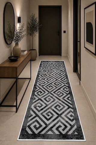 Gri Geometrik Desen Baskılı Yıkanabilir Kaymaz Taban Salon Oturma Odası Antre Halısı Yolluk
