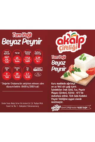 Akalp Çiftliği Tam Yağlı Beyaz Peynir 500 G