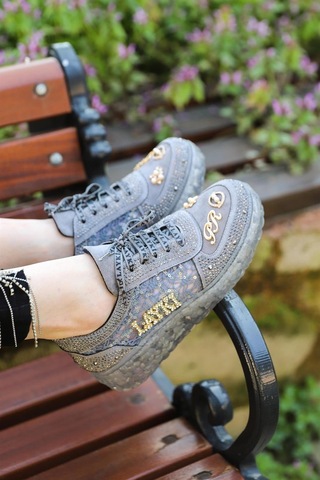 Astra Taşlı Desenli Şeffaf Taban Gri Renkli Kadın Sneaker-gri Gri