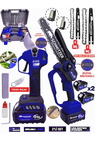 Schmıtzer Sch-2budama-m Pro Set 21v Çelik Şanzuman 2 Pala Ve Zincir Şarjlı Dal Ağaç Kesme Bağ Budama Makas Testere
