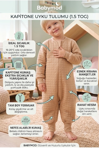 Babymod Mevsimlik Kapitone 1.5 Tog Çocuk Uyku Tulumu Uyku Gurusu %100 Pamuk Kumaş Bej