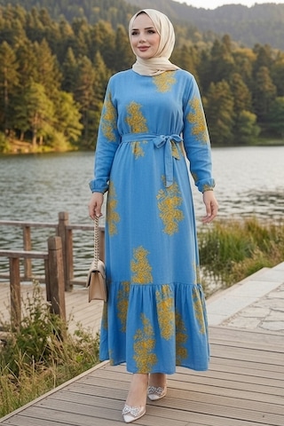 Bestenur Noyra Desenli Viskon Elbise 1722 - Mavi