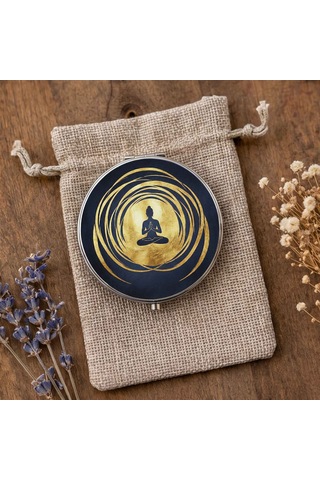 Makyaj Aynası Meditasyon Ve Altın Lotus Tasarımlı El Aynası Cep Aynası Kişiye Özel Hazırlanabilir Yuvarlak Ayna Çok Renkli