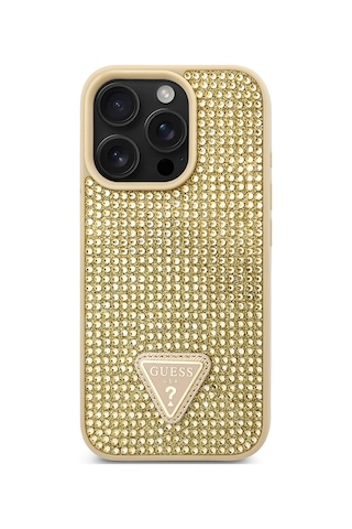 Apple Uyumlu iPhone 16 Pro Max Kılıf Guess Lisanslı Üçgen Logolu Taşlı Kapak Gold