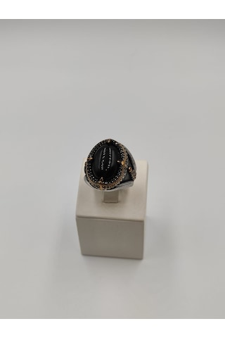 Siyah Taşlı Kapşon Kesim Erkek Yüzüğü 24 Mm 925 Ayar Gümüş Yüzük