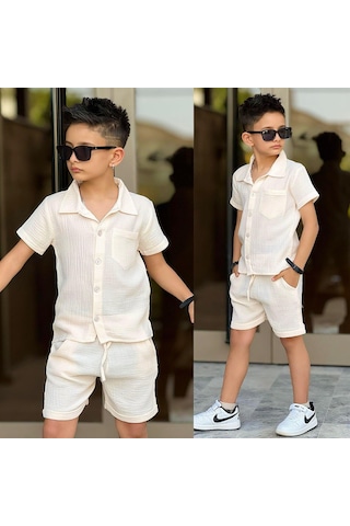 Ay Kids Erkek Çocuk Müslin Gömlek Şort Takım Yazlık Rahat Ve Şık Kombin Bej 11737- Ay Kids Erkek Çocuk Müslin Gömlek Şort Takım Yazlık Rahat Ve Şık Kombin Bej 11737-