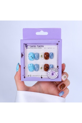 Takma Tırnak Renkli Nail Art Kısa Yuvarlak 10'lu Tekrar Kullanılabilir El Yapımı Protez Takma Tırnak Ekyl3029 M