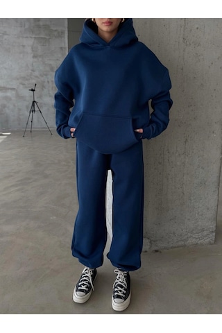 Kazax 3 İplik Şardonlu Kapşonlu Sweatshirt Lacivert P510436 Lacivert