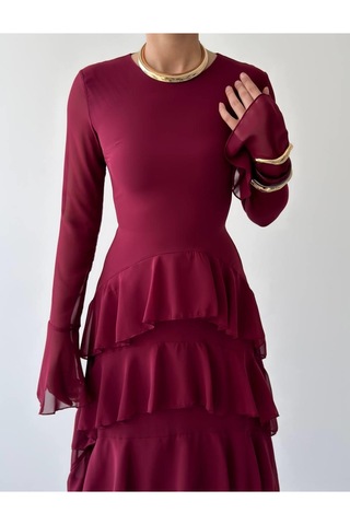 Nils Butik Katlı Şifon Detaylı Uzun Abiye Elbise Bordo