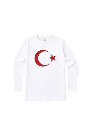 Herşey Nota Ay Yıldız Baskılı Uzun Kollu Beyaz Çocuk Tişört 23 Nisan Okul Gösterisi 3-14 Yaş