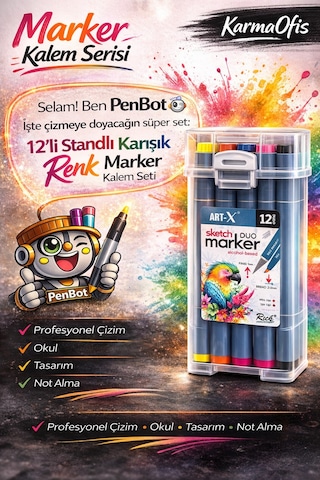 12'li Standlı Alkol Bazlı Çift Uçlu Marker Kalem Seti - Profesyonel Çizim & Tasarım Kalemi