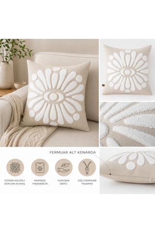 Flora 43x43 Cm Dekoratif Kırlent Kılıfı Kabartmalı Çiçek Desenli Modern Koltuk Yastık Kılıfı Bej