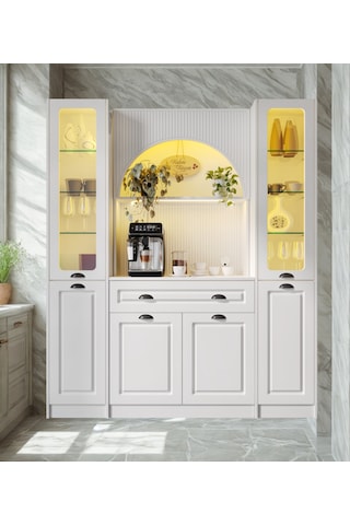 Lureo Nera Arch Maxi Kahve Köşesi Led Aydınlatmalı, Cam Vitrinli, Komple Mdf Premium Kahve Ünitesi Beyaz