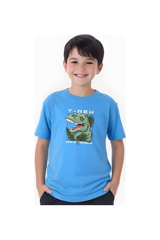 Panios Kids T-rex Baskılı Erkek Çocuk Kısa Kollu Tişört Mavi