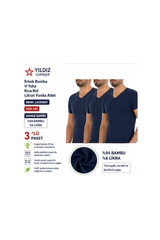 Yıldız Çamaşır Erkek Bambu V Yaka Kısa Kol Likralı Fanila Atlet 480-481-482 - 3 Adet Lacivert