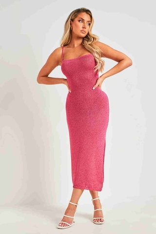 Merry See Sırt Dekolteli Bağlamalı Vücuda Oturan Diz Altı Örme Elbise Pembe 001