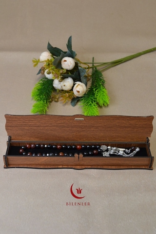 Akik Taşlı 33 Lü Erkek Tesbih Doğal Taş, Özel Ahşap Kutulu Çok Renkli