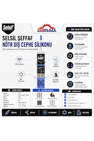 Selsil Şeffaf Nötr Dış Cephe Silikonu 300 Ml Uv Dayanımlı Cam Pvc Beton Derz Dolgu Mastiği 3 Adet