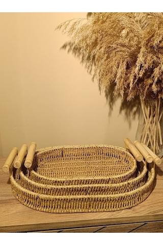 3lü Hasır Rattan Bambu Kulplu Örme Tepsi Organizer Diğer