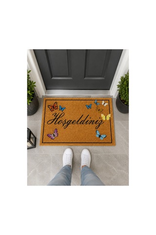 Kelebek Figürlü Hoşgeldiniz Retro Tasarım Dekoratif Kapı Önü Paspası 40x60cm Çok Renkli