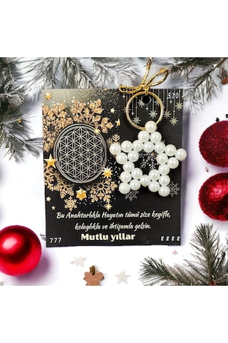 10 Adet İnci Anahtarlık Hediyeli Yılbaşı Tebrik Kartı Yeni Yıl Hediyesi