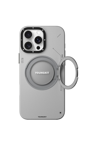 Apple Uyumlu iPhone 16 Pro Kılıf Magsafe Şarj Özellikli 360 Standlı Deri Desenli Youngkit Tech Leather Serisi Gri