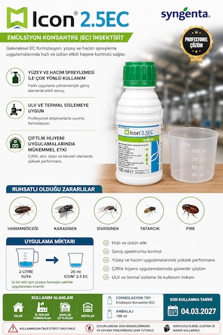 Syngenta Icon 2.5 Ec 100 Ml + Ölçüm Kabı Geniş Spektrumlu Profesyonel Haşere Mücadelesi Hamamböceği, Karasinek, Sivrisinek, Pire Ve Tatarcık