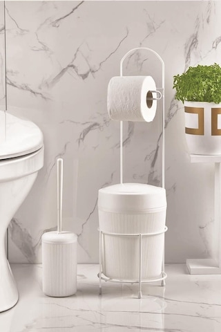 Metal Standlı Yuvarlak Kovalı & Kağıtlıklı & Fırçalıklı Beyaz Banyo Takımı Çok Renkli