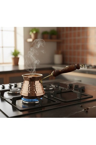 Ludıa İşlemeli Ahşap Saplı El Yapımı Eskitme Bakır Cezve M1